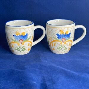 Set of 2 Laurie Gates Tierra Tile Hand Painted Coffee Tea Mug Stoneware